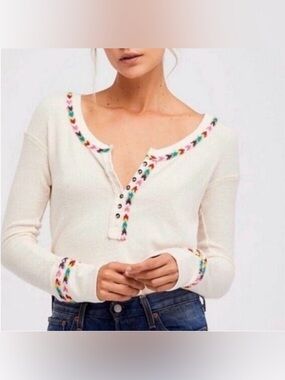 We the free + - Cream Long-Sleeve Henley Top with rainbow Embroidery
